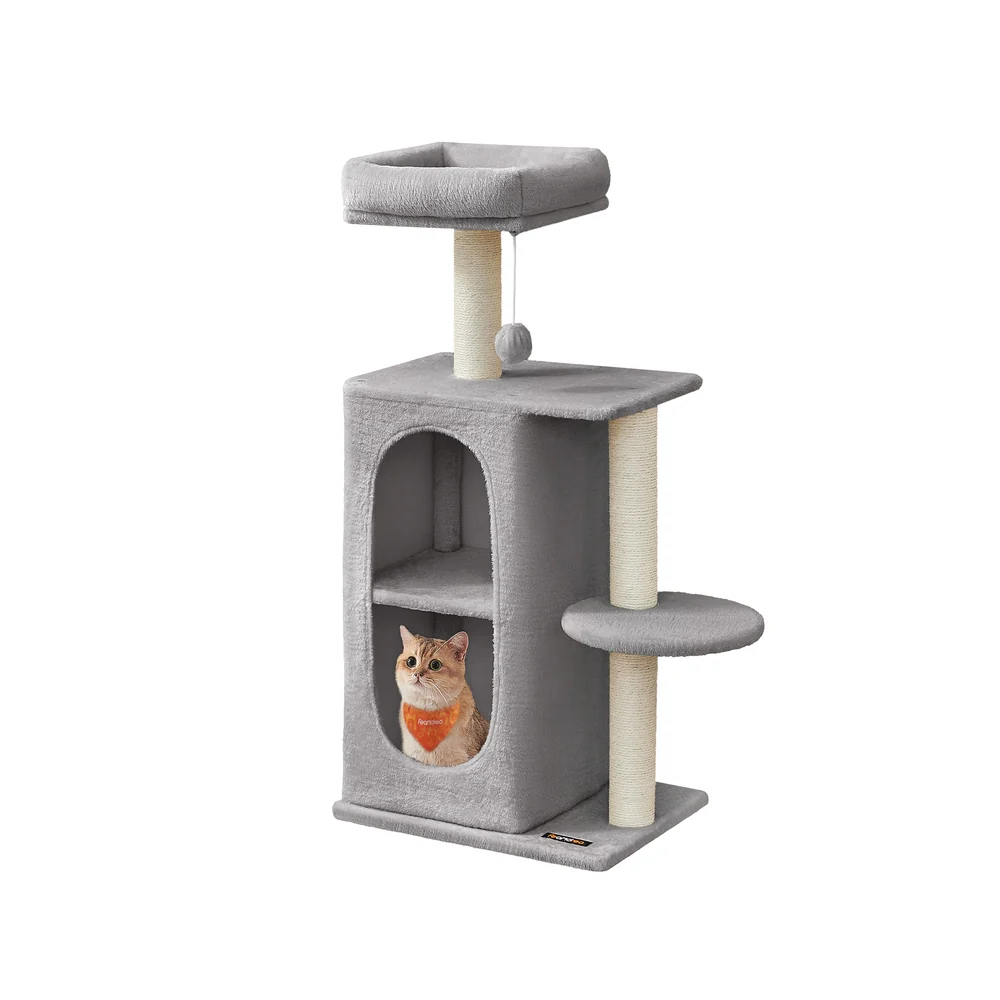 Cat tree tower with dual hideouts and scratching posts for multiple cats