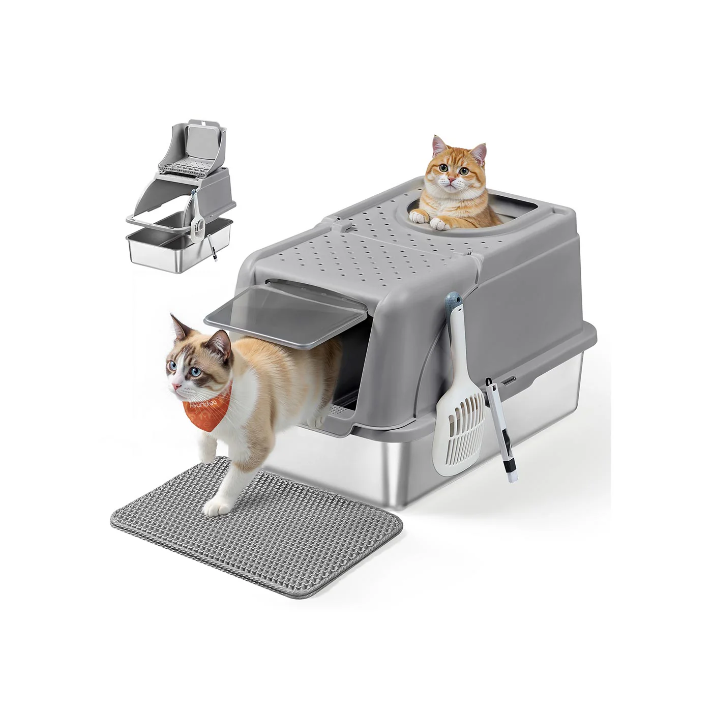 Stainless steel enclosed cat litter box with flip lid and scoop