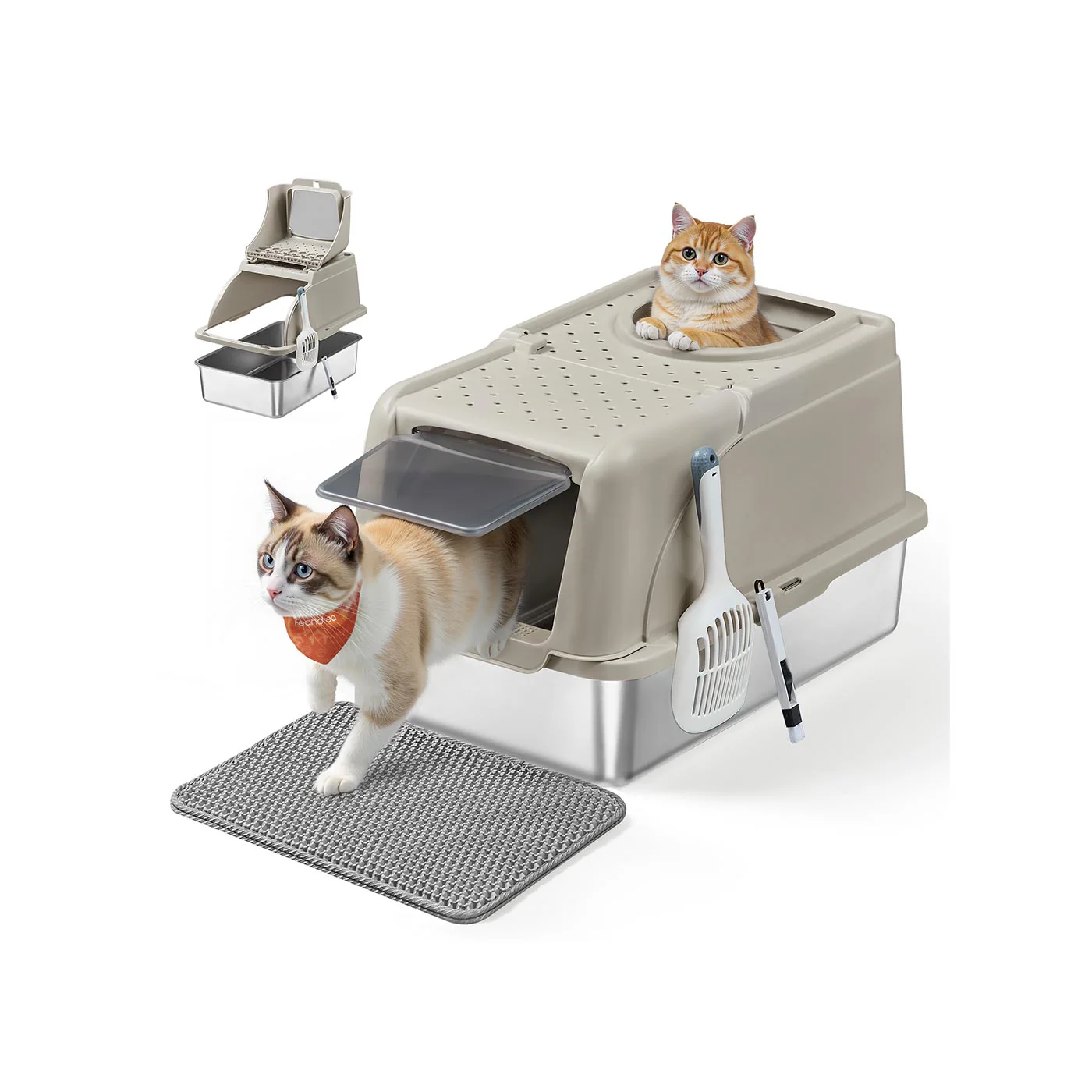 Stainless steel enclosed cat litter box with flip lid and scoop - Image 2