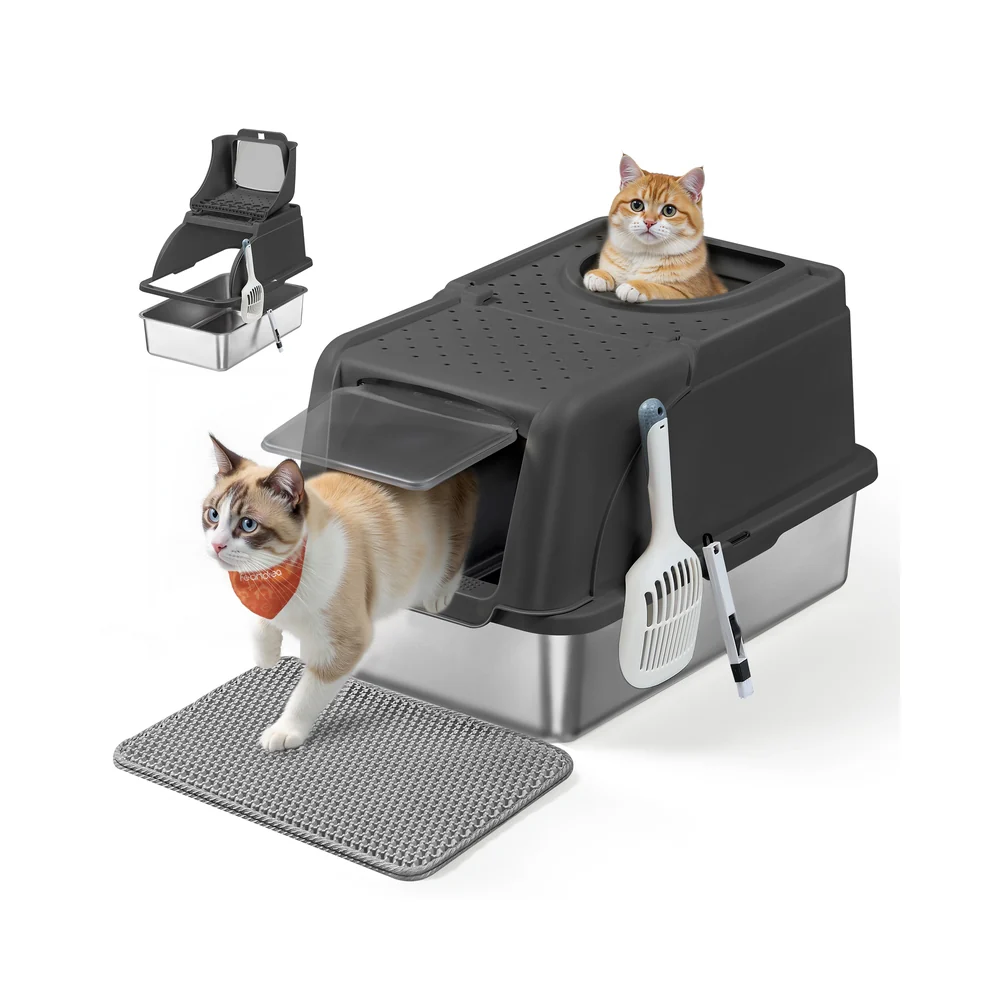 Stainless steel enclosed cat litter box with flip lid and scoop - Image 3