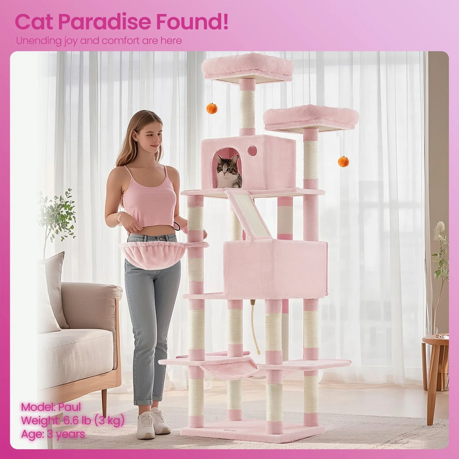 Large Cat Tree with 13 Scratching Posts, 2 Perches, Hammock - Image 4