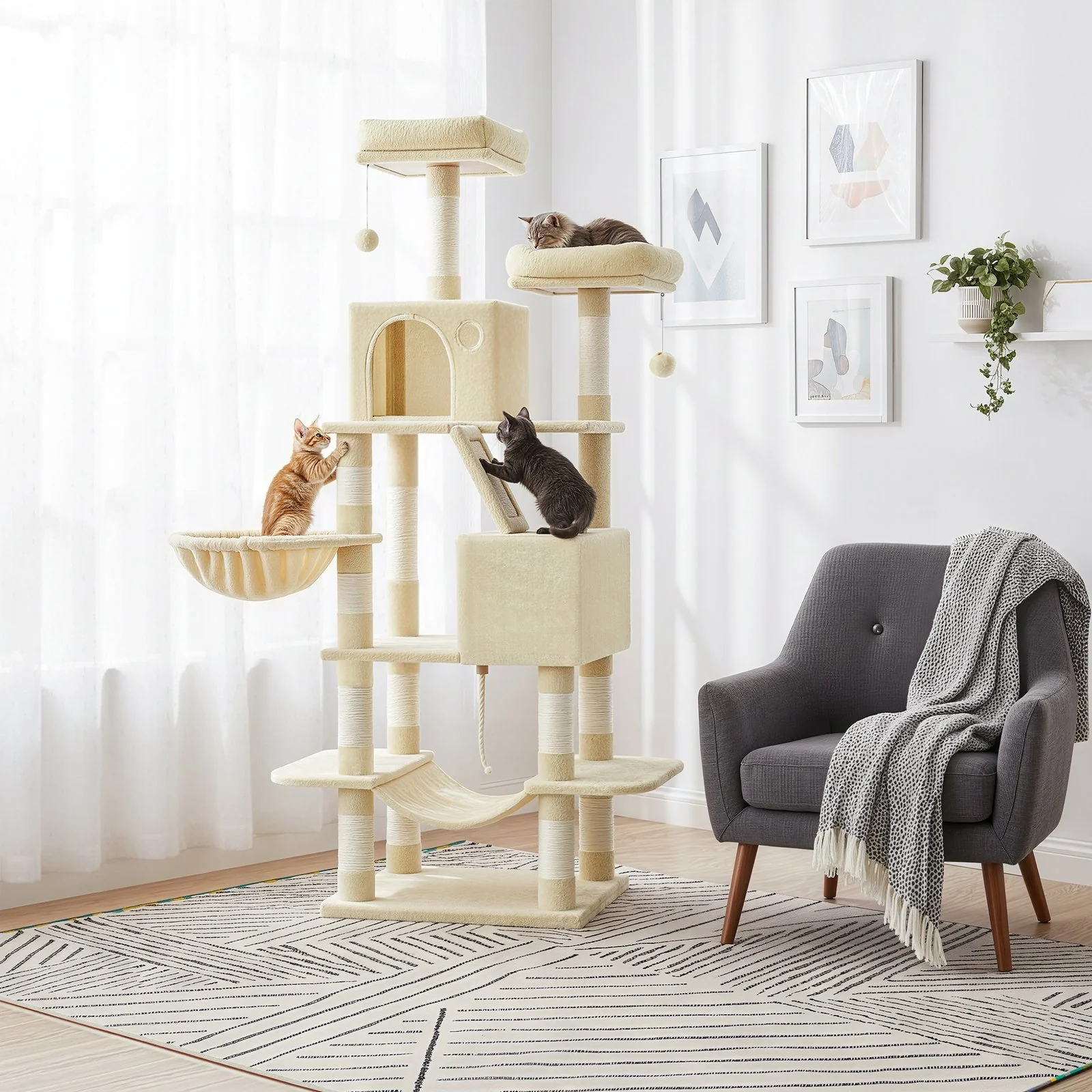 Large Cat Tree with 13 Scratching Posts, 2 Perches, Hammock - Image 7
