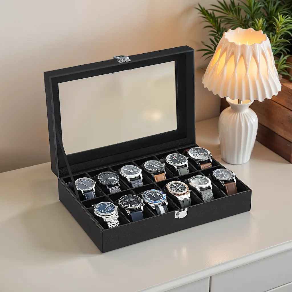 12-Slot Watch Box Organizer with Large Glass Lid, Removable Watch Pillows