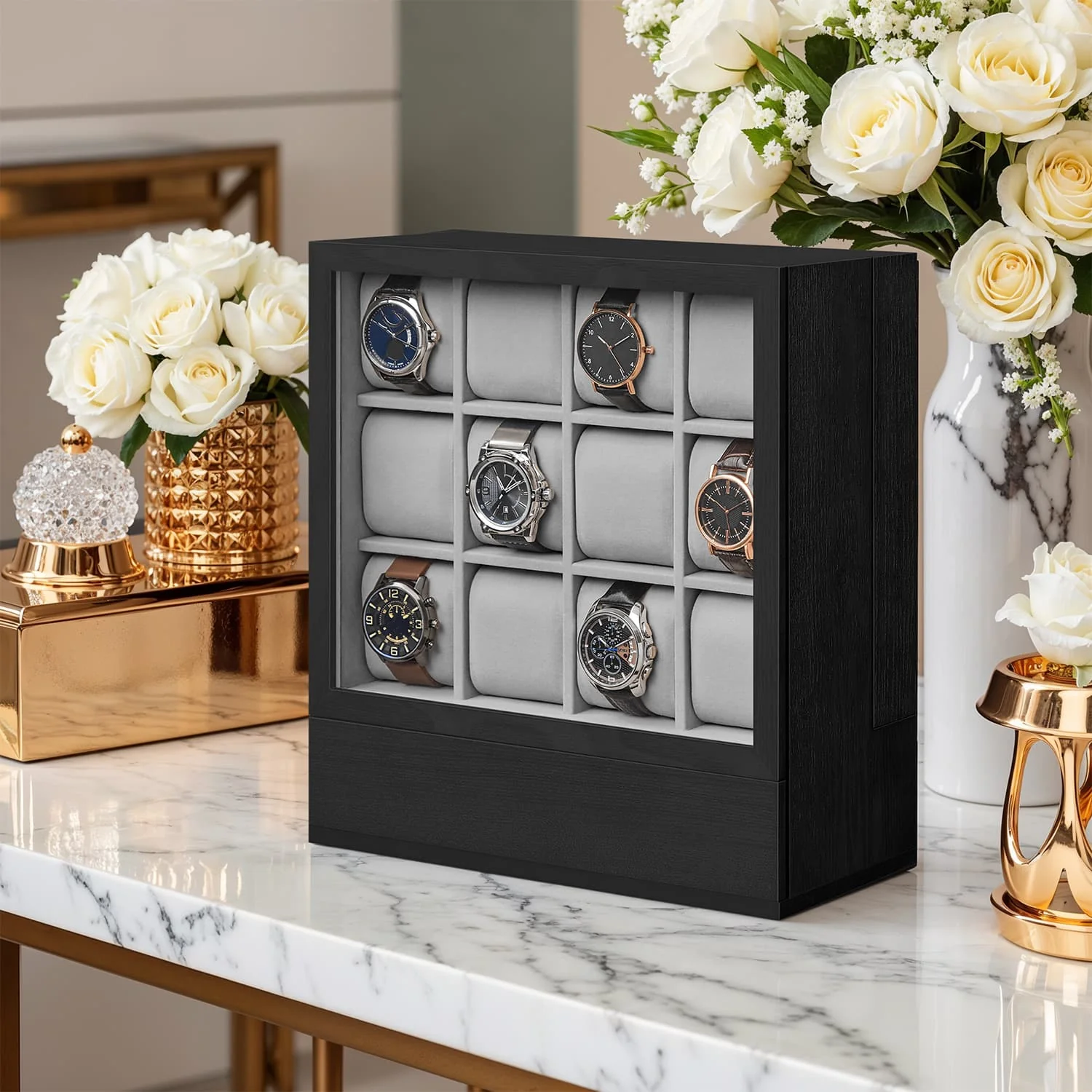 12-Slot Watch Case, Wooden Watch Box Organizer with Glass Window, Gift Idea