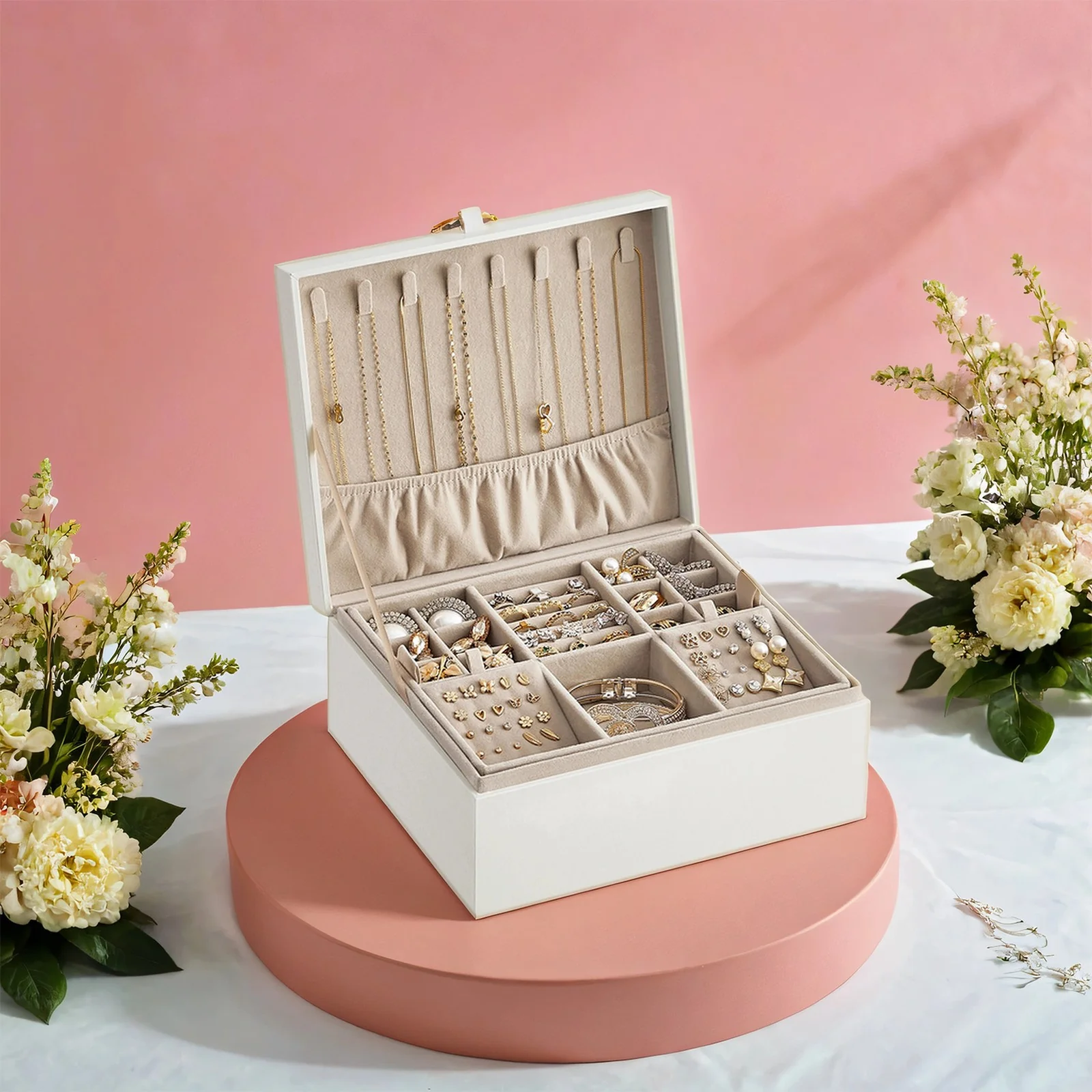 2-Layer Jewelry Box, Jewelry Storage Organizer with Handle, Removable Jewelry Tray