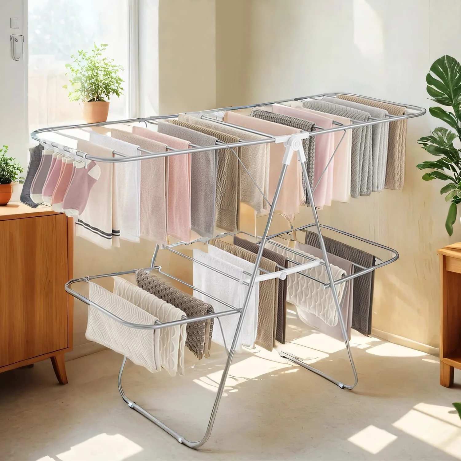Clothes Drying Rack, Foldable 2-Level Laundry Drying Rack, with Height-Adjustable Wings