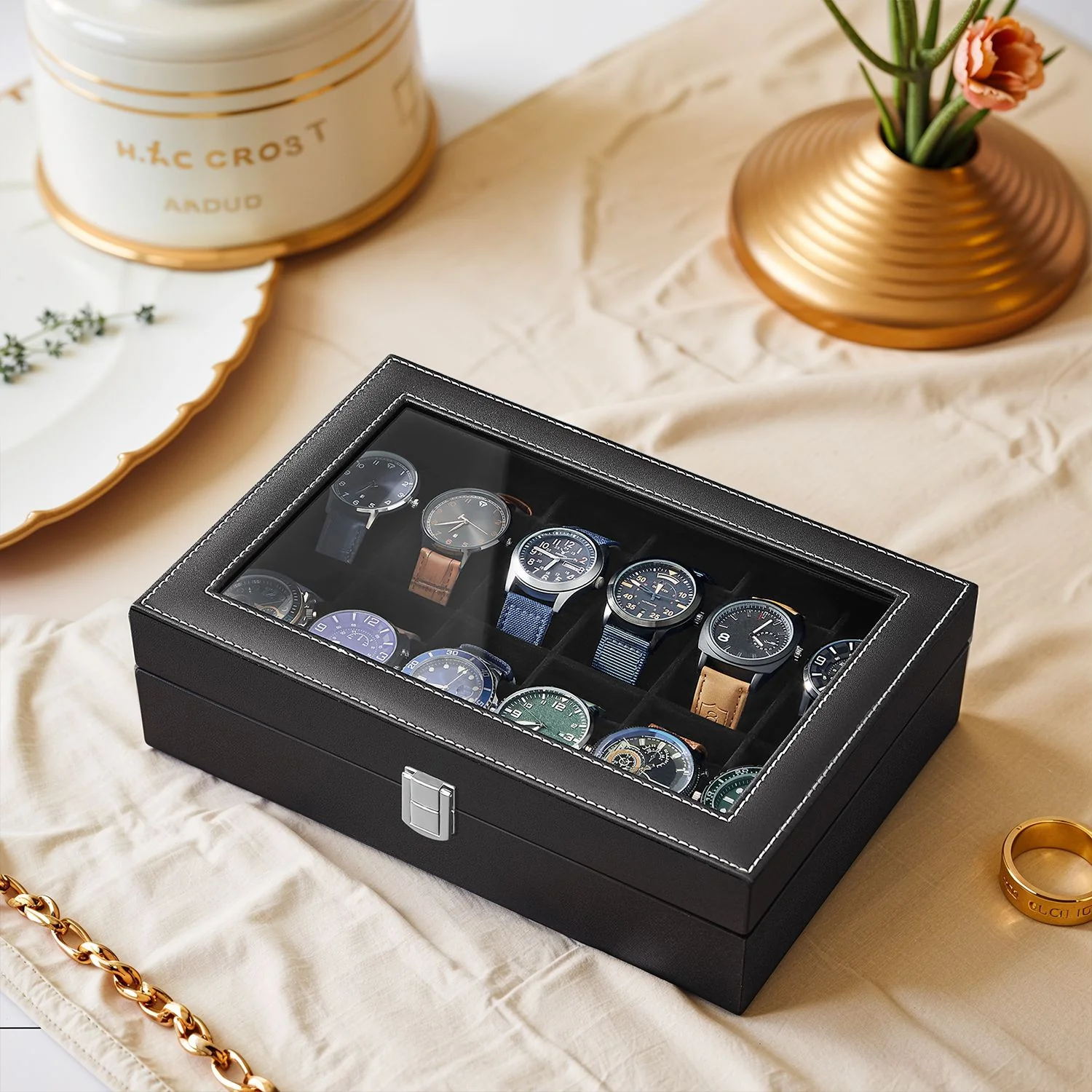 12-Slot Watch Box, Lockable Watch Case with Glass Lid, Drawer - Image 2