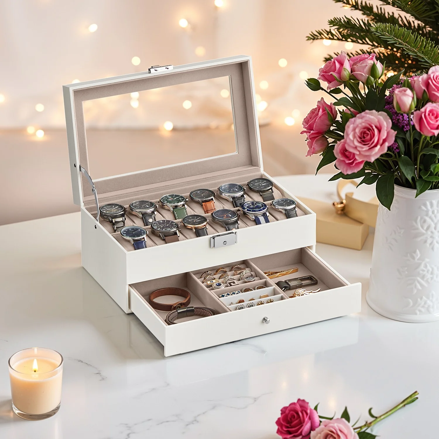 12-Slot Watch Box, Lockable Watch Case with Glass Lid, Drawer - Image 3