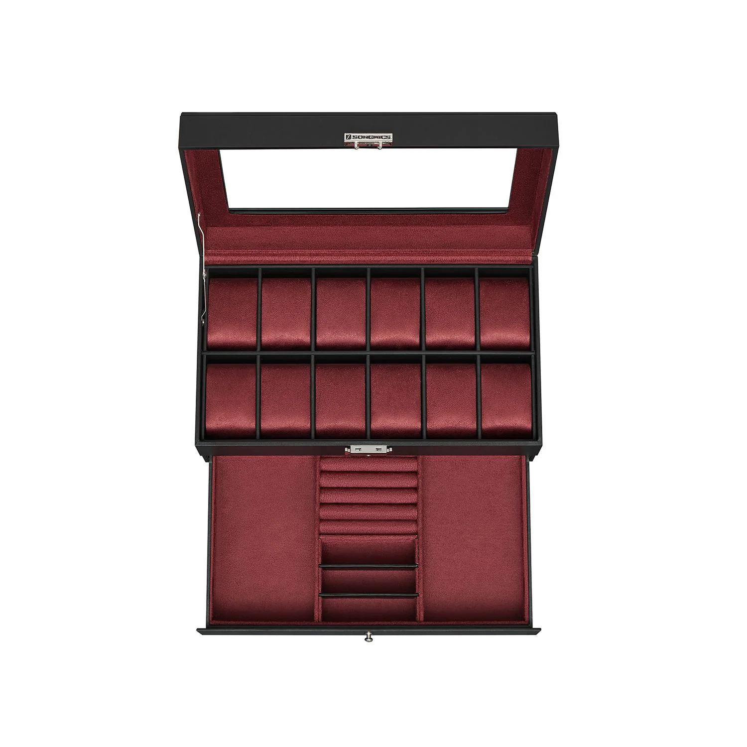 12-Slot Watch Box, Lockable Watch Case with Glass Lid, Drawer - Image 4