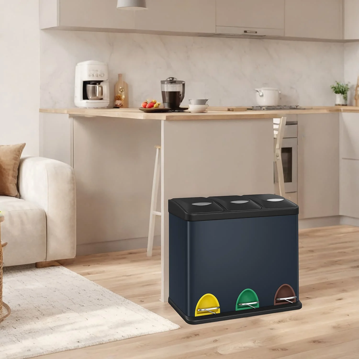3 x 8 L Metal Kitchen Rubbish Bin, Pedal Trash Bin for Waste and Recycling, with Lids and Inner Buckets - Image 3