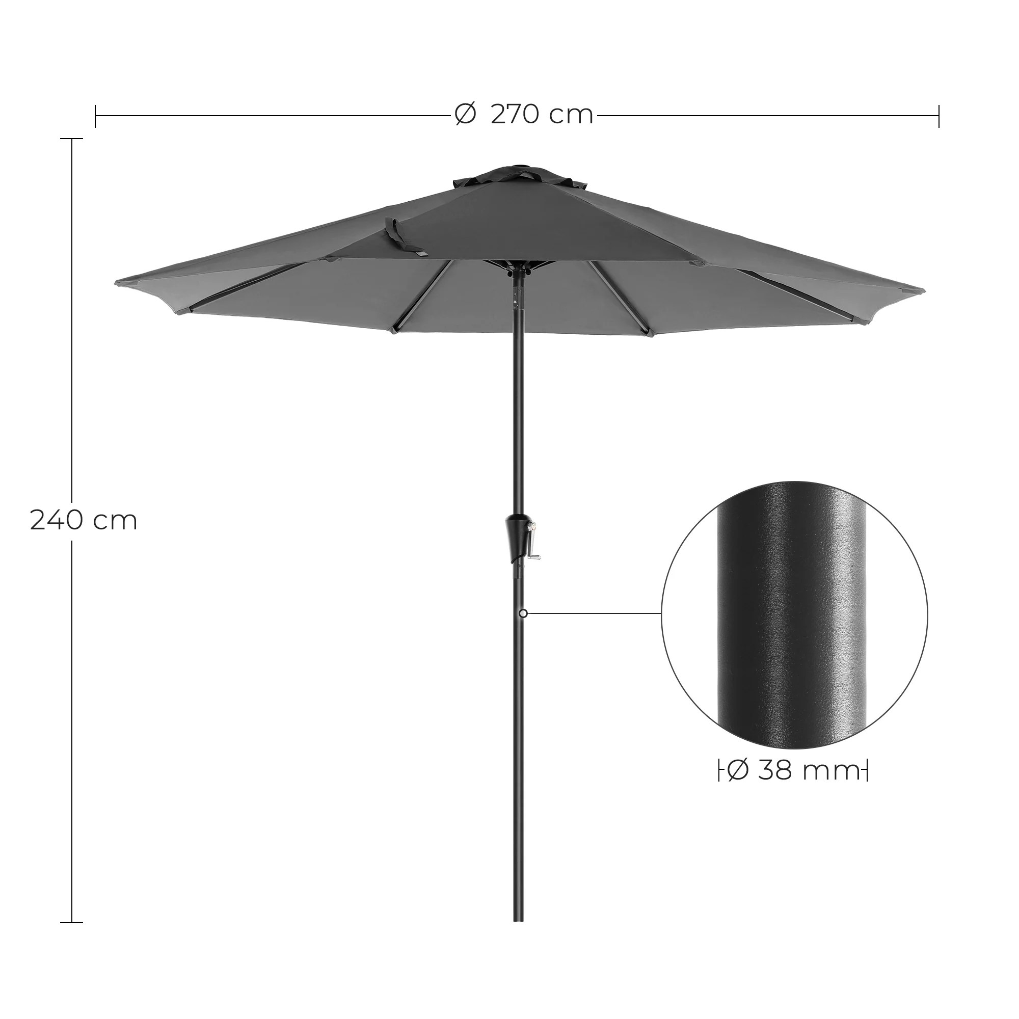 2.7 m Garden Parasol Umbrella Grey