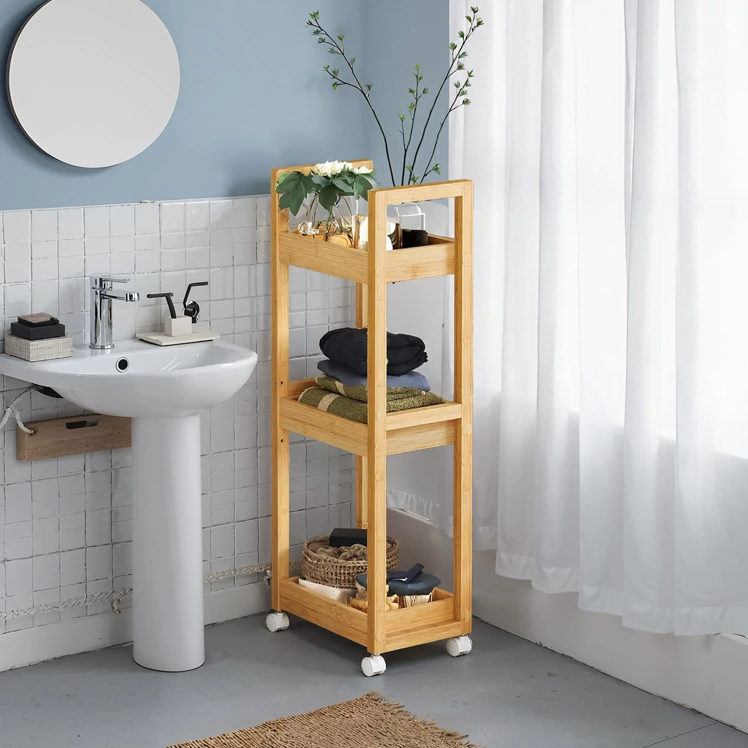 Space-Saving Bathroom Trolley, Slim Bathroom Shelf, 3-Tier Storage Trolley on Wheels - Image 3