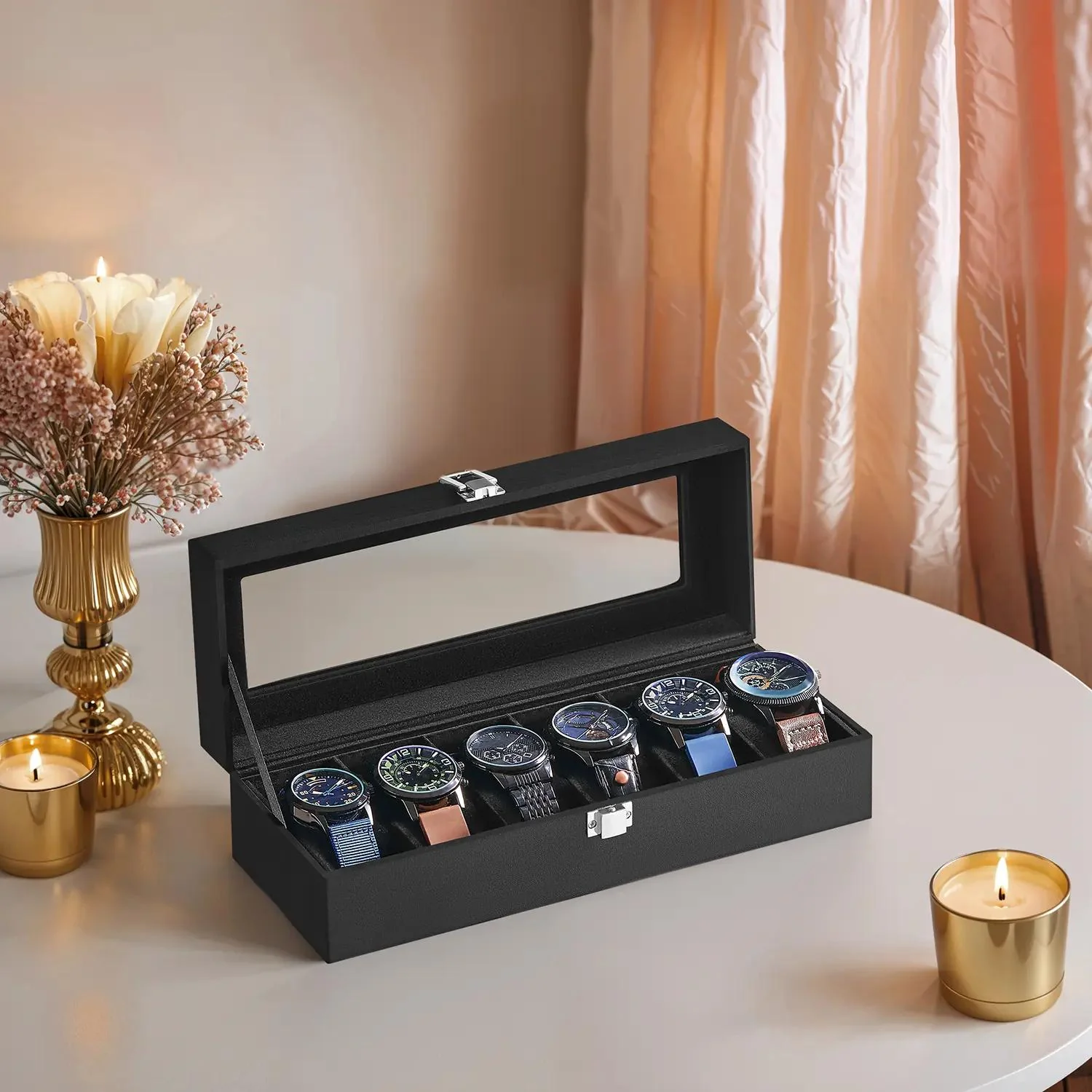 6-Slot Watch Box Organizer, Watch Case with Large Glass Lid, Removable Watch Pillows