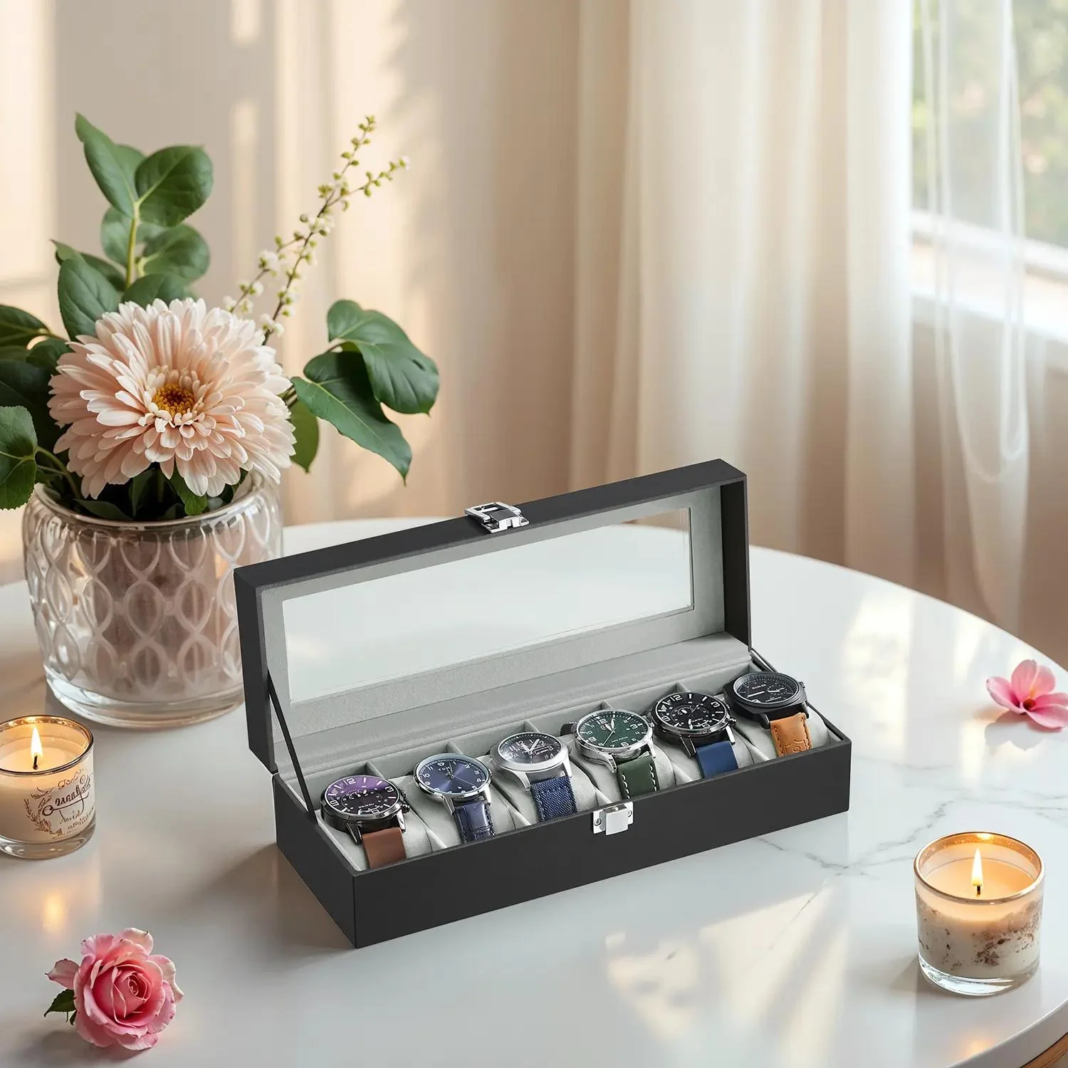 6-Slot Watch Box Organizer, Watch Case with Large Glass Lid, Removable Watch Pillows - Image 2