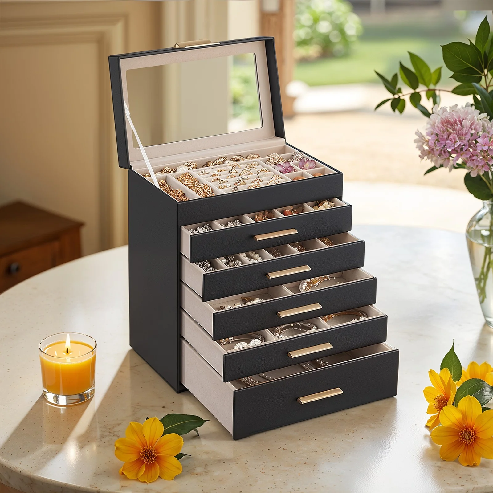 Jewellery Box with Glass Lid, 6-Layer Jewellery Organizer, 5 Drawers