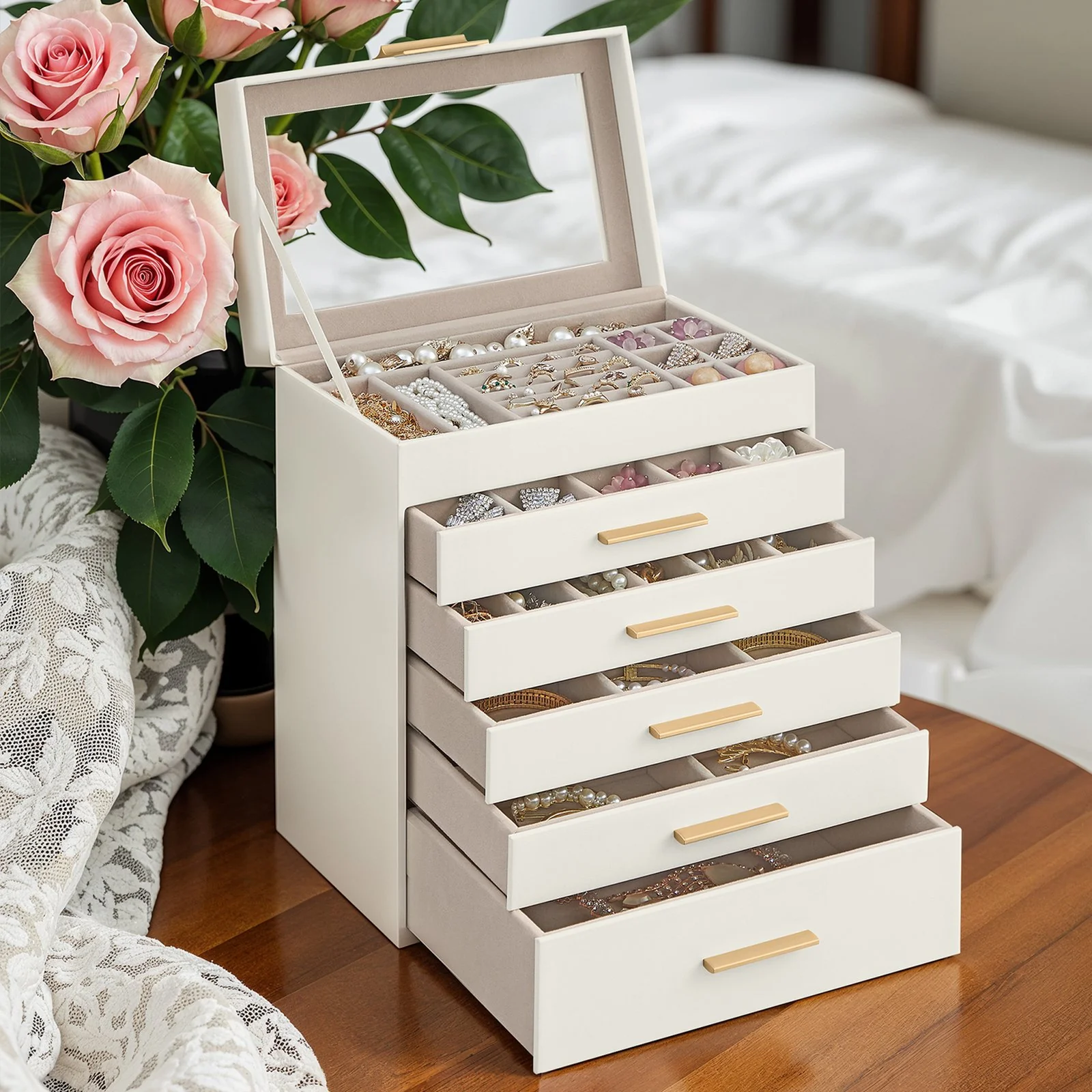 Jewellery Box with Glass Lid, 6-Layer Jewellery Organizer, 5 Drawers - Image 2