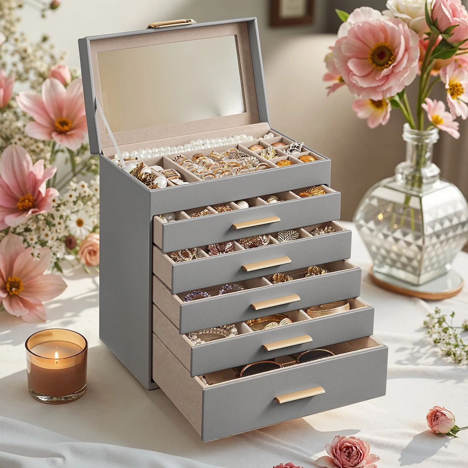 Jewellery Box with Glass Lid, 6-Layer Jewellery Organizer, 5 Drawers - Image 3