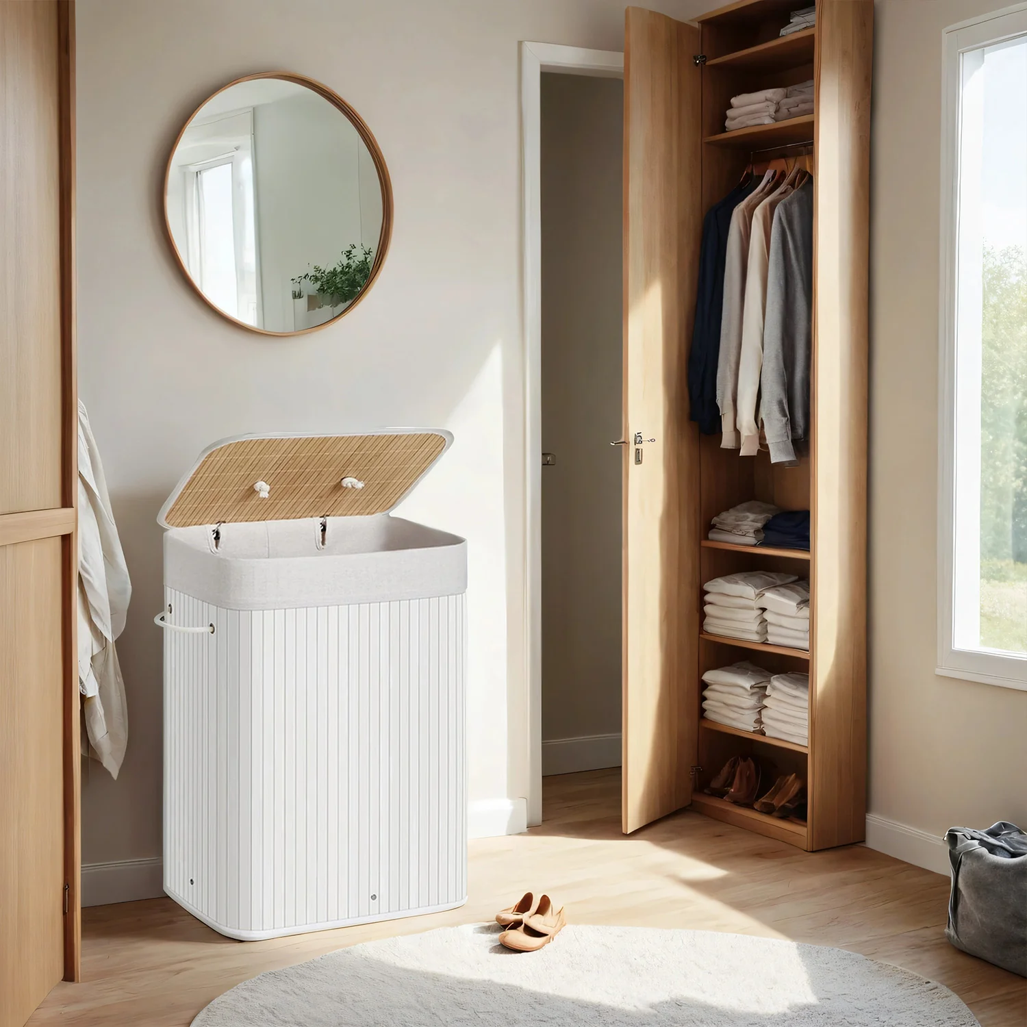 Foldable Laundry Hamper with Lid, 72 L Bamboo Laundry Basket, Storage Hamper with 3 Handles