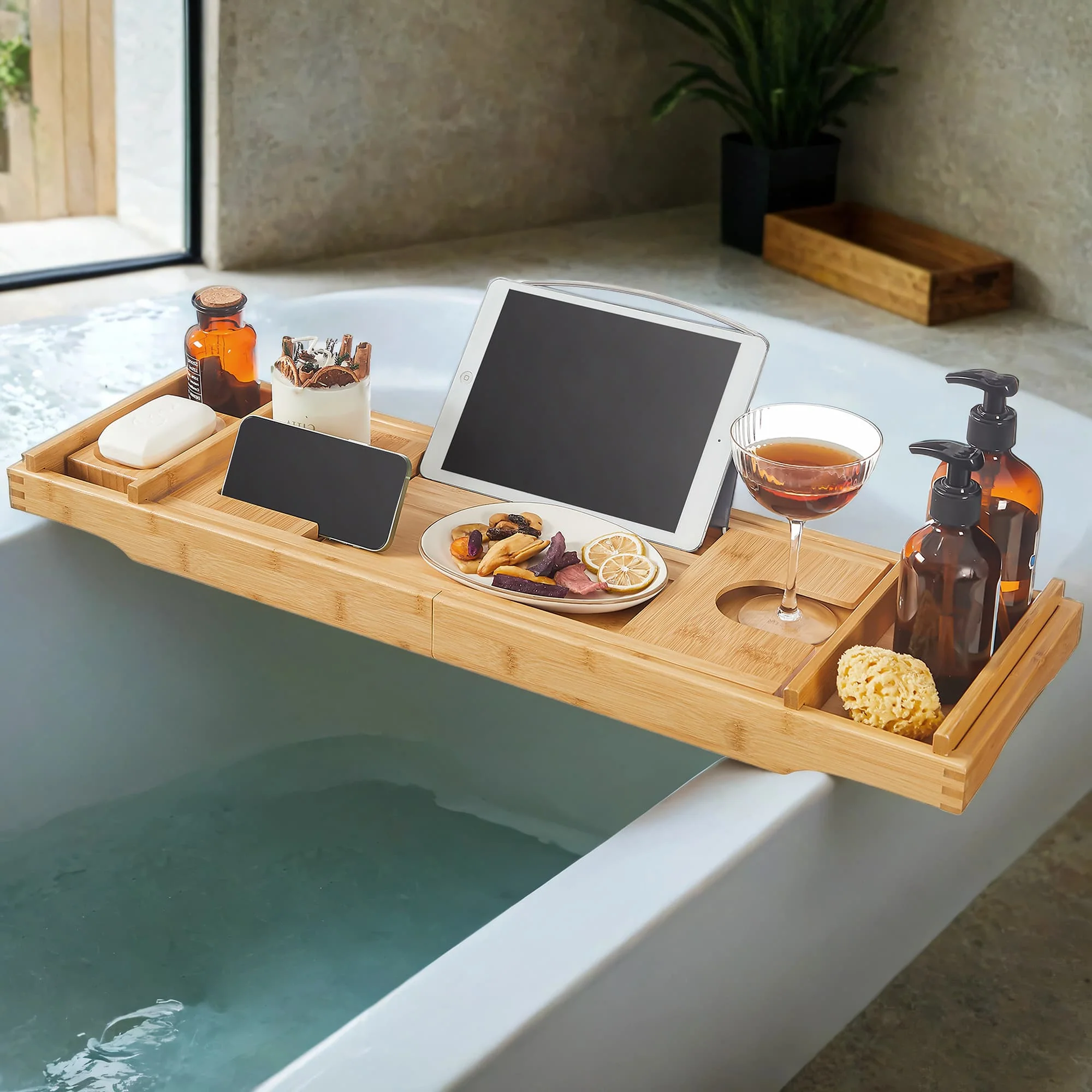 Extendable Bamboo Bath Shelf with Drink, Bookend, Soap Holder