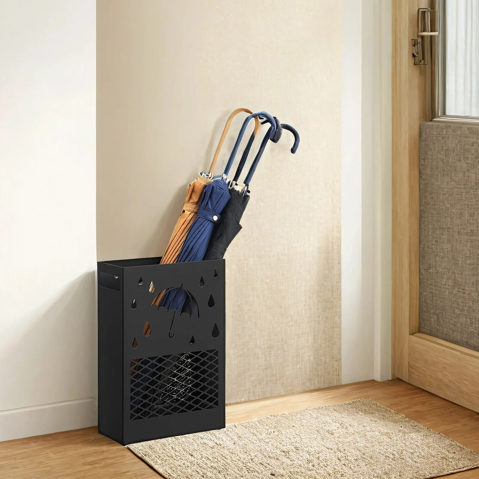 Black Metal Umbrella Stand with Drip Tray