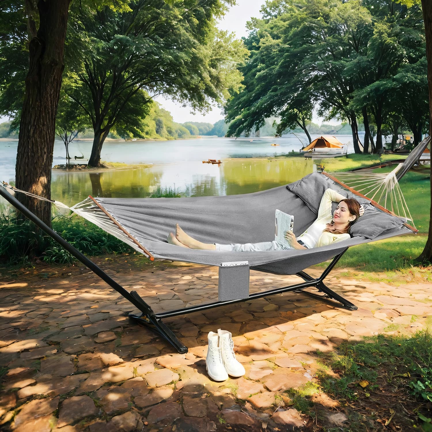 Double Hammock with 2 Pillows Gray