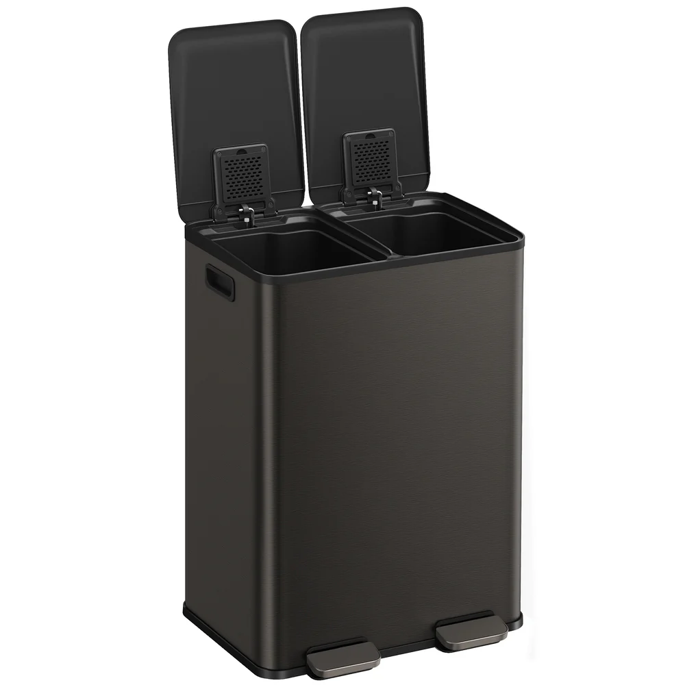 Dual compartment pedal bin with soft close lid