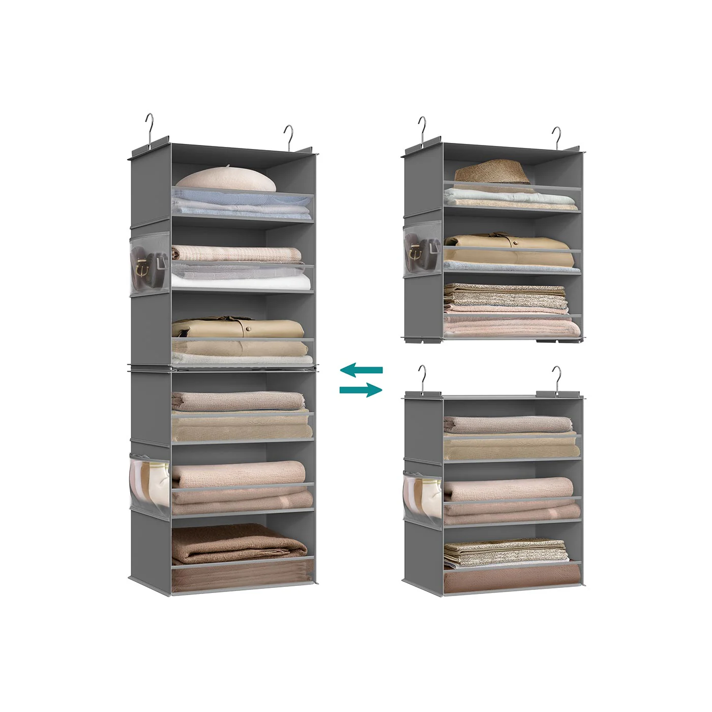 Fabric hanging wardrobe organiser with multiple shelves and side pockets