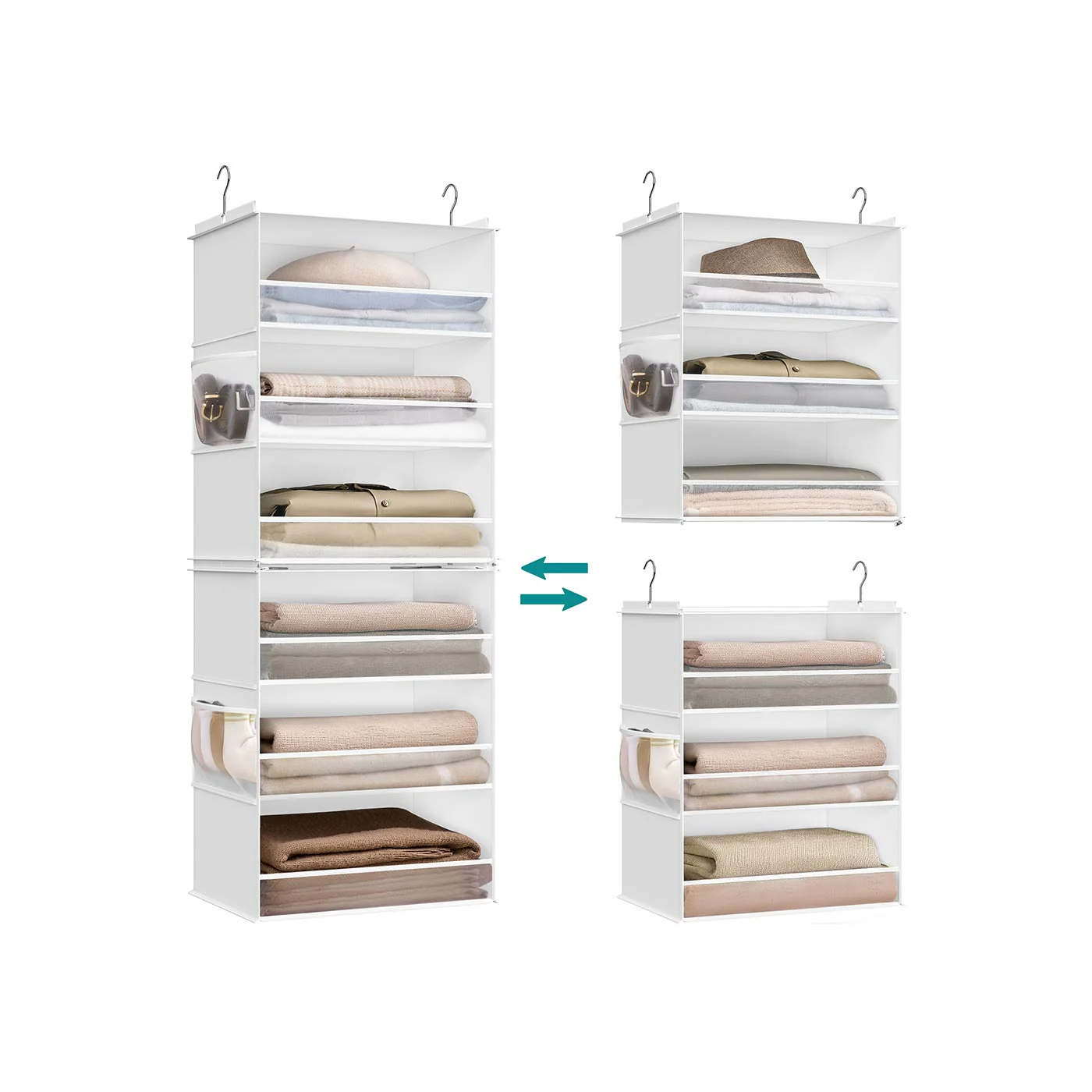 Fabric hanging wardrobe organiser with multiple shelves and side pockets - Image 2