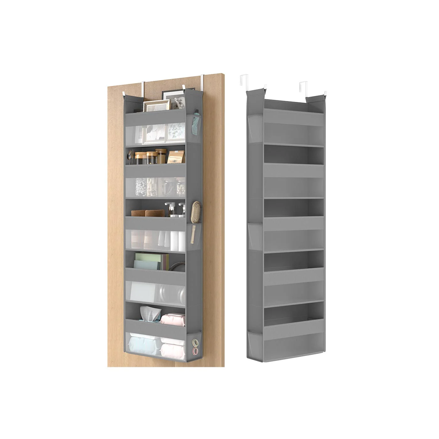 Fabric over the door organiser with mesh pockets and side pouches