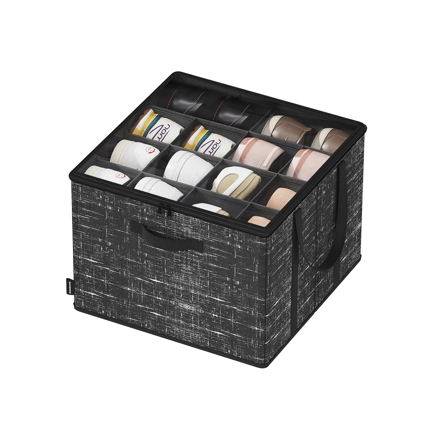 Fabric shoe organiser bin with handles and clear cover