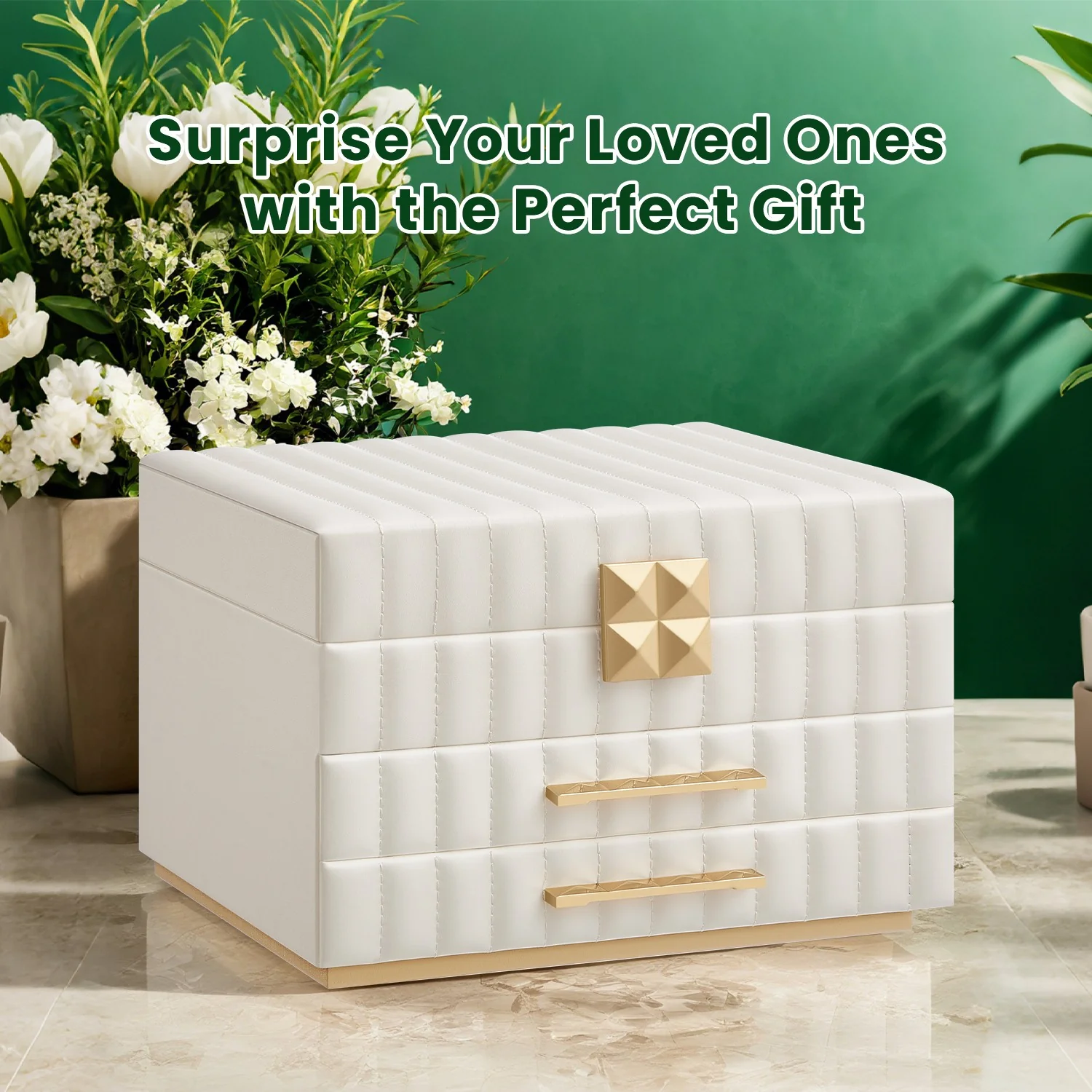3-Tier Jewellery Box with Mirror, Jewellery Organiser with 2 Drawers, PU Surface with Stitching