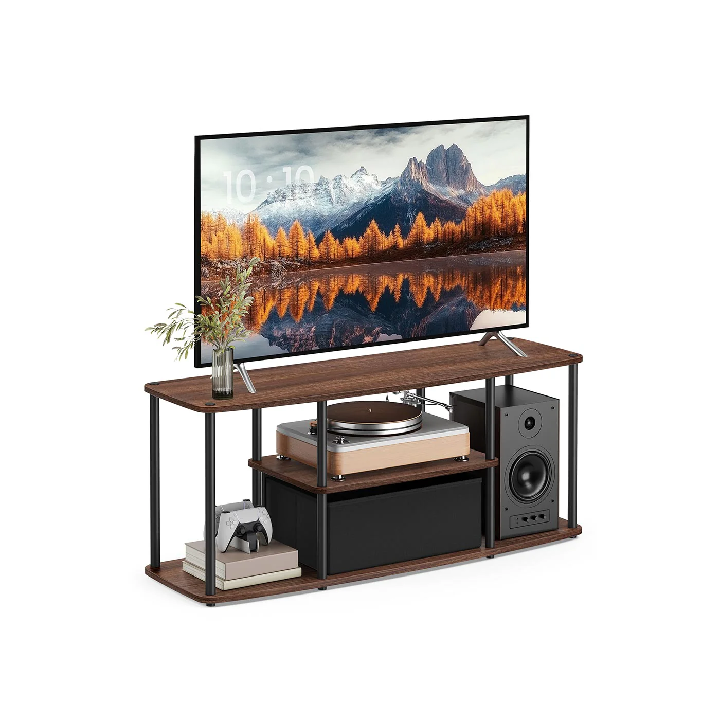 TV stand with quick assembly and open storage shelves
