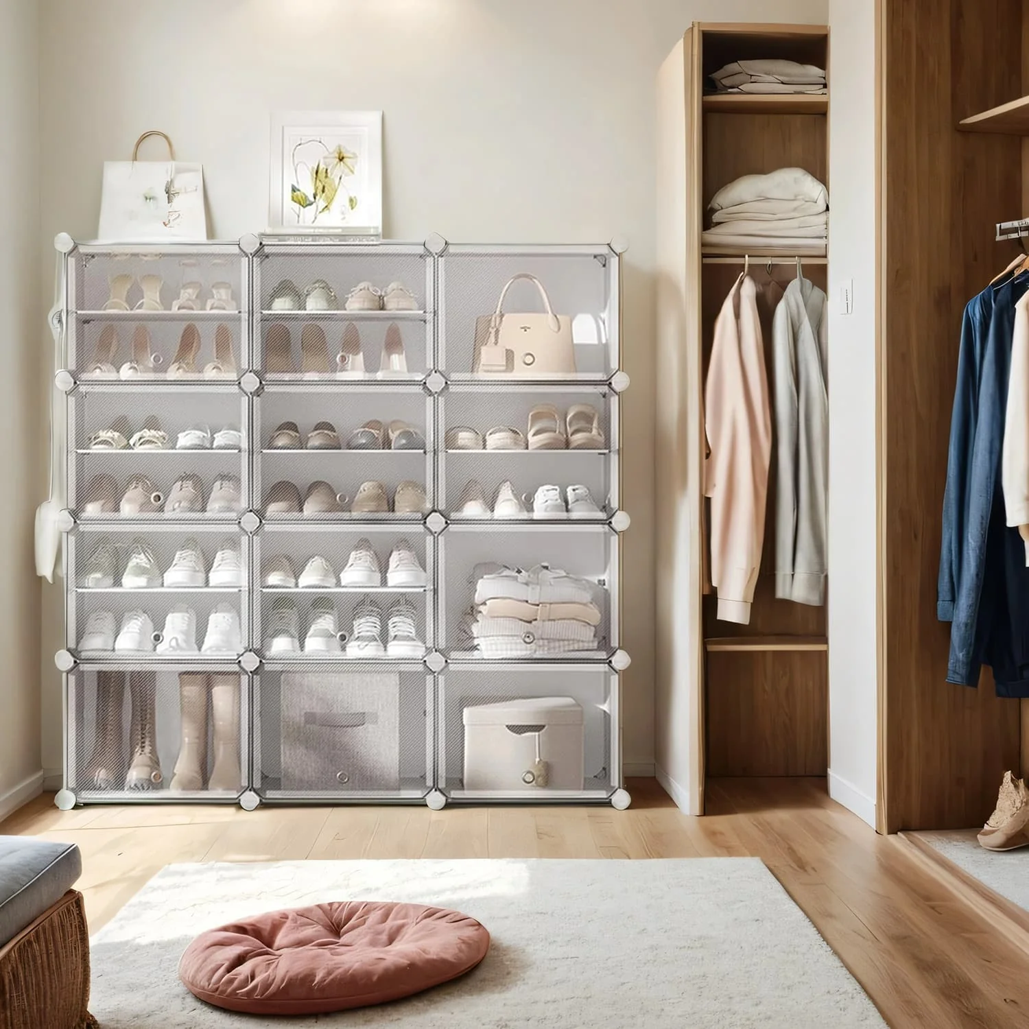 Interlocking Shoe Rack, Plastic Shoe Storage Cabinet, 12-Slot Modular Storage Organiser Unit
