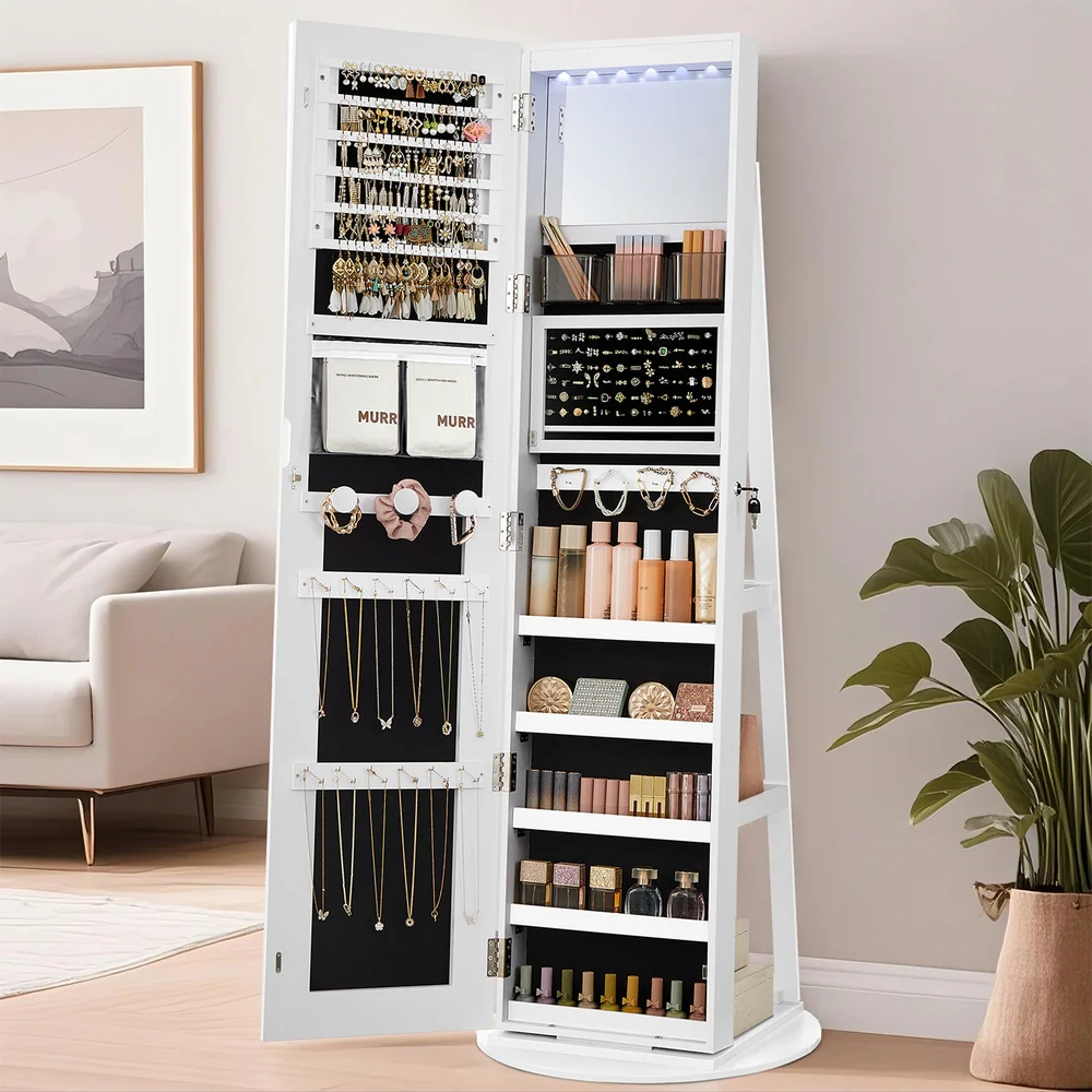 LED Mirror Jewellery Cabinet Lockable Standing Armoire