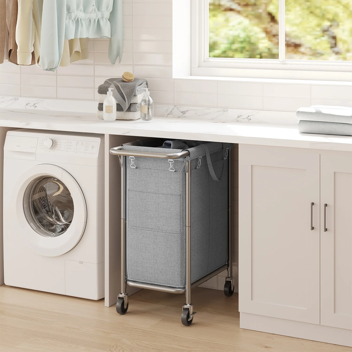 Laundry Basket with Wheels, 2-Section Rolling Laundry Hamper - Image 3