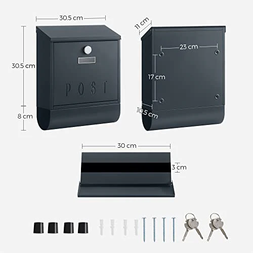 Mailbox, Wall-Mounted Letter Box, Hanging Postbox for Outside, Capped Lock with Copper Core, POST Viewing Window, Newspaper Holder, Nameplate, Easy to Install, Anthracite Grey GMB021G01