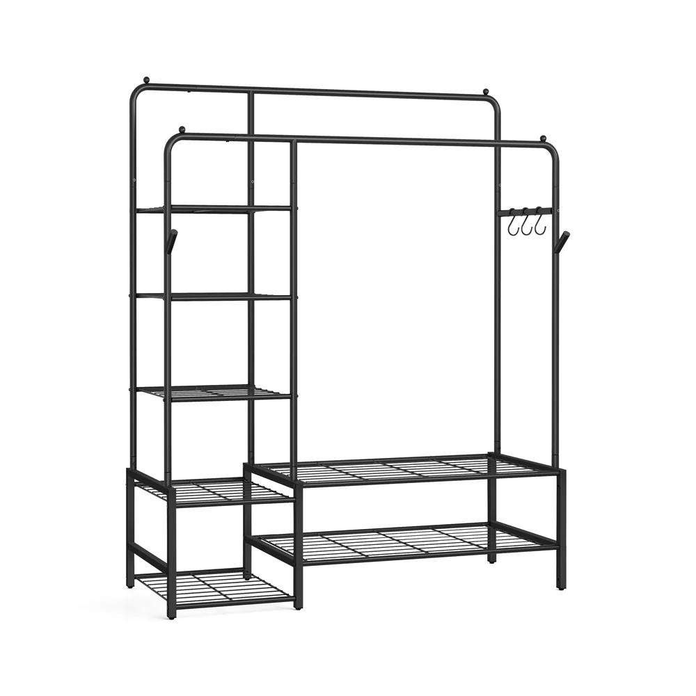 Open wardrobe clothes rack with shelves and hanging rods