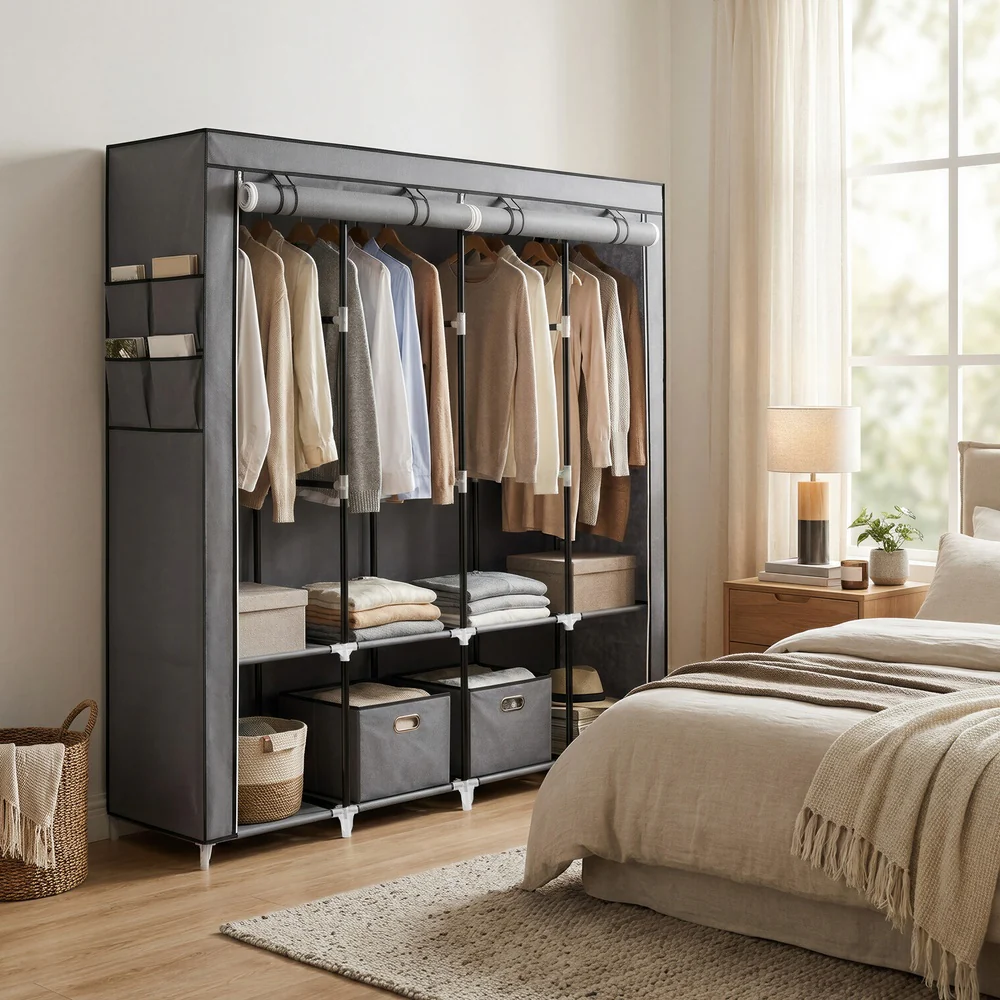 Portable Closet, Wardrobe Closet Organiser with Cover, 4 Hanging Rods and Shelves