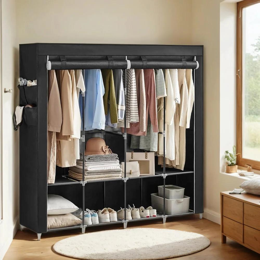 Portable Closet, Wardrobe Closet Organiser with Cover, 4 Hanging Rods and Shelves - Image 2