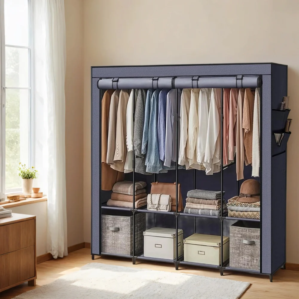 Portable Closet, Wardrobe Closet Organiser with Cover, 4 Hanging Rods and Shelves - Image 3