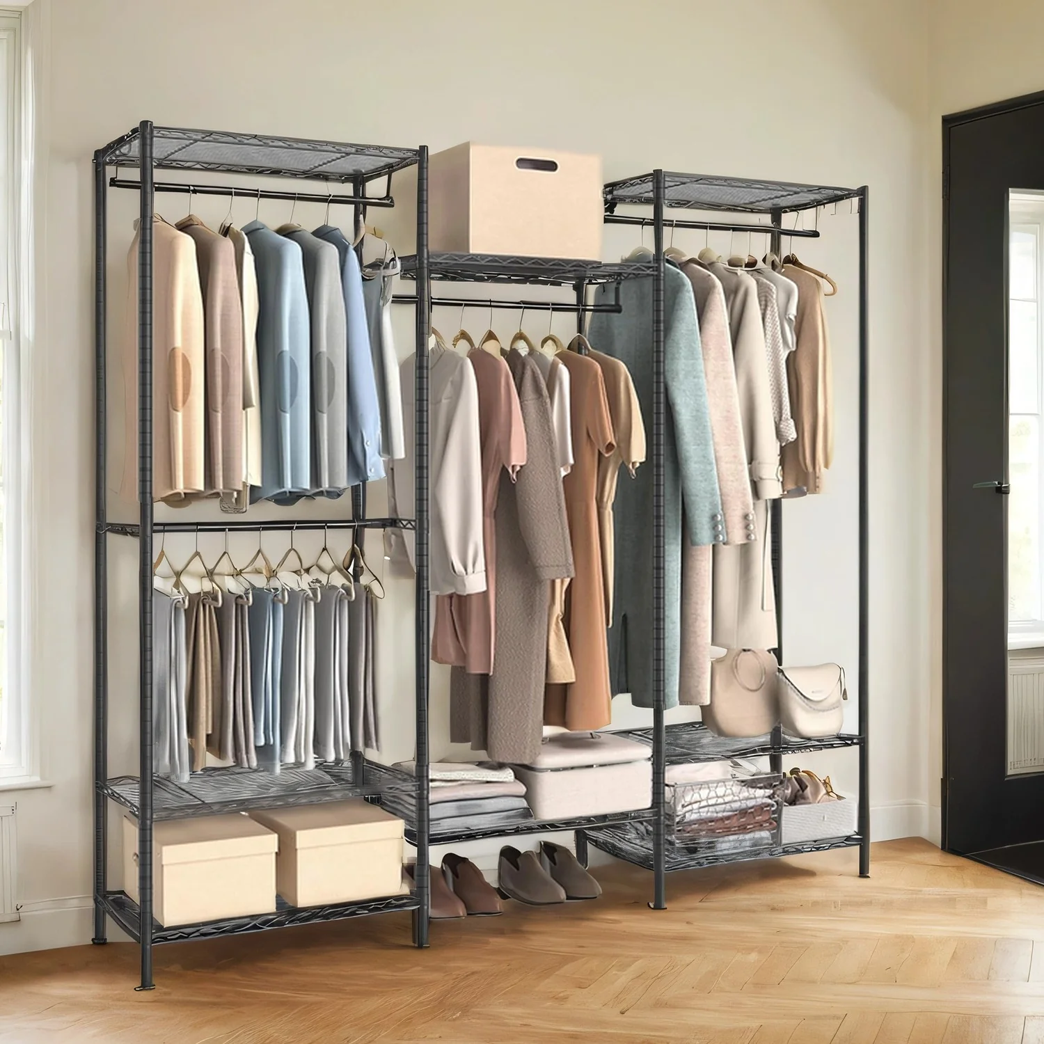 Portable Wardrobe with Adjustable Storage Shelves and Hanging Rails