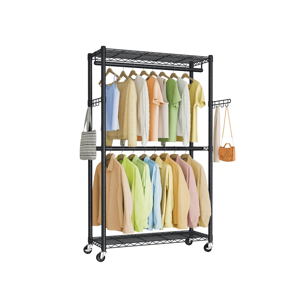 Rolling clothes rack with shelves and hanging rails on wheels