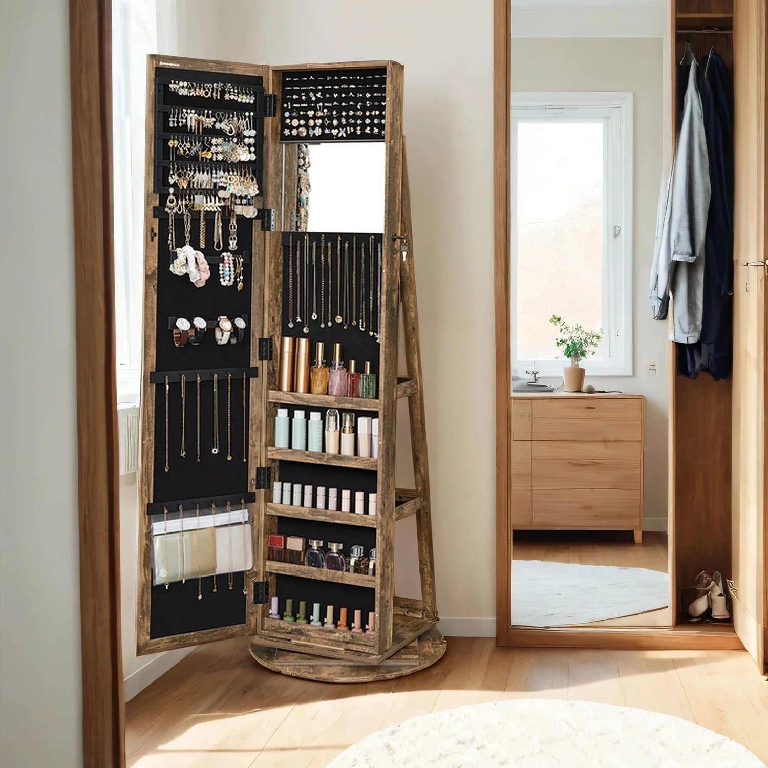 Freestanding Jewellery Organiser, Jewellery Cabinet with Full-Length Mirror, 360° Swivel - Image 2