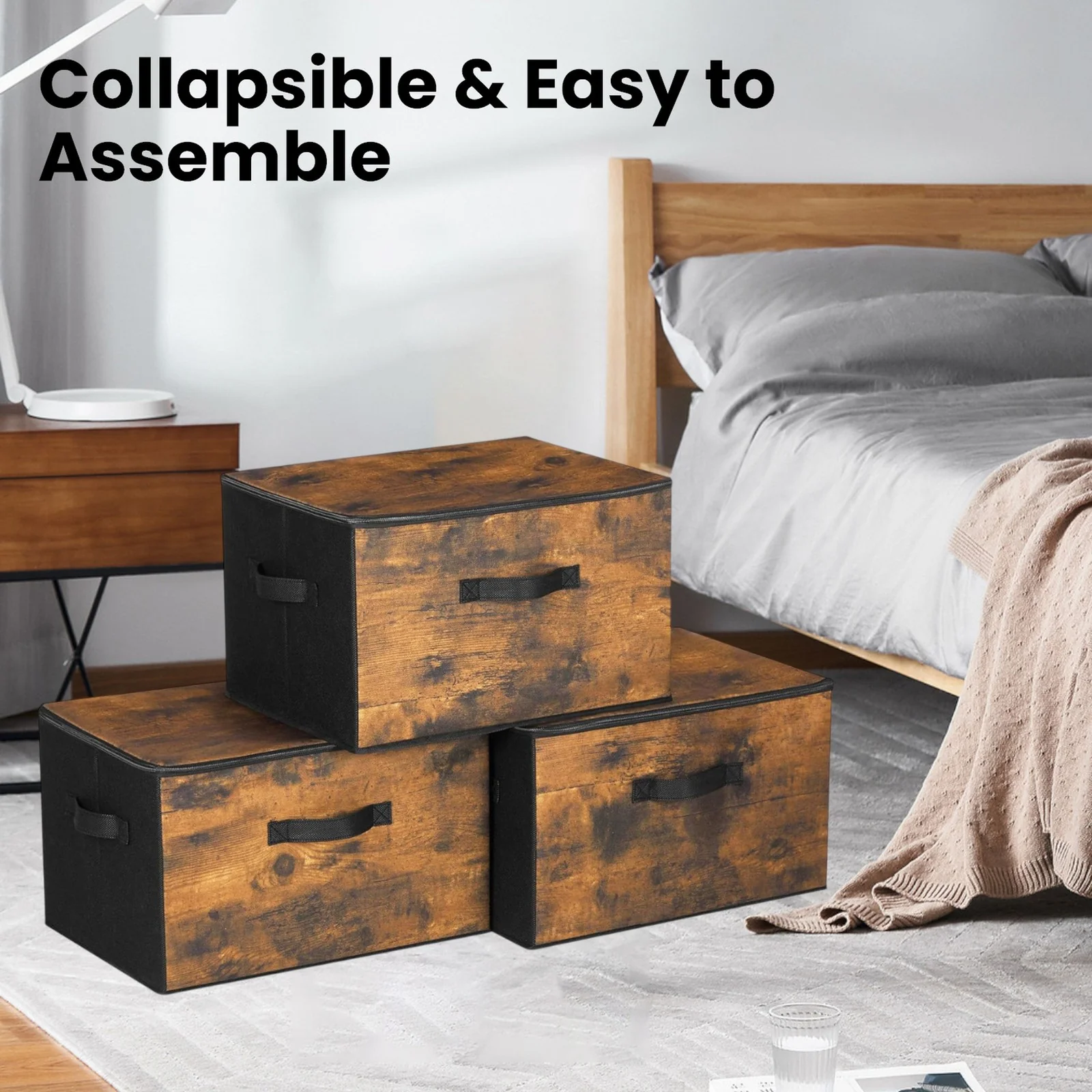 Foldable Storage Organiser Boxes, Set of 3 Storage Basket Bins with Handles, Clothes Organiser
