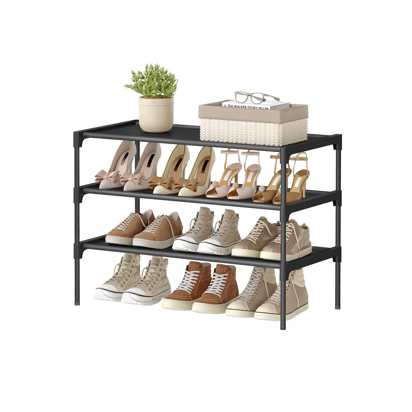 Shoe rack with fabric shelves and metal frame