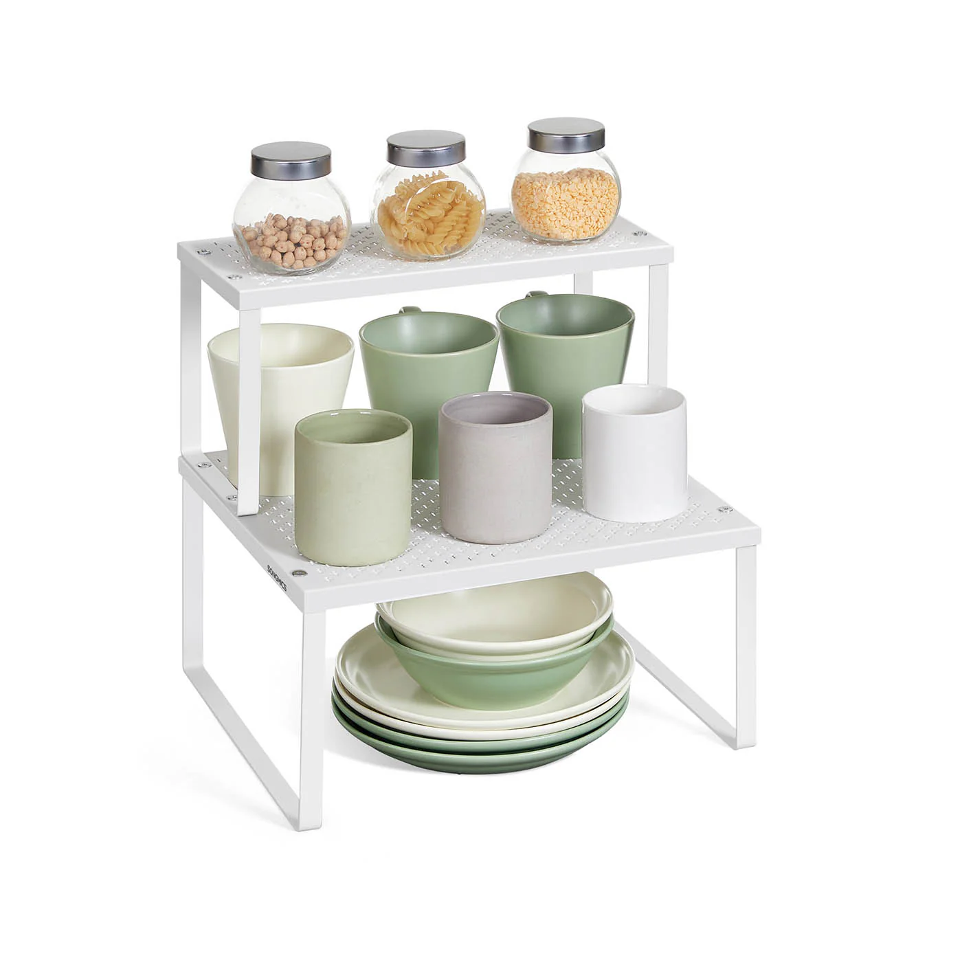 SONGMICS Set of 2 Cupboard Organisers, Kitchen Storage, Stackable, Expandable, Metal Counter Shelves - Image 2