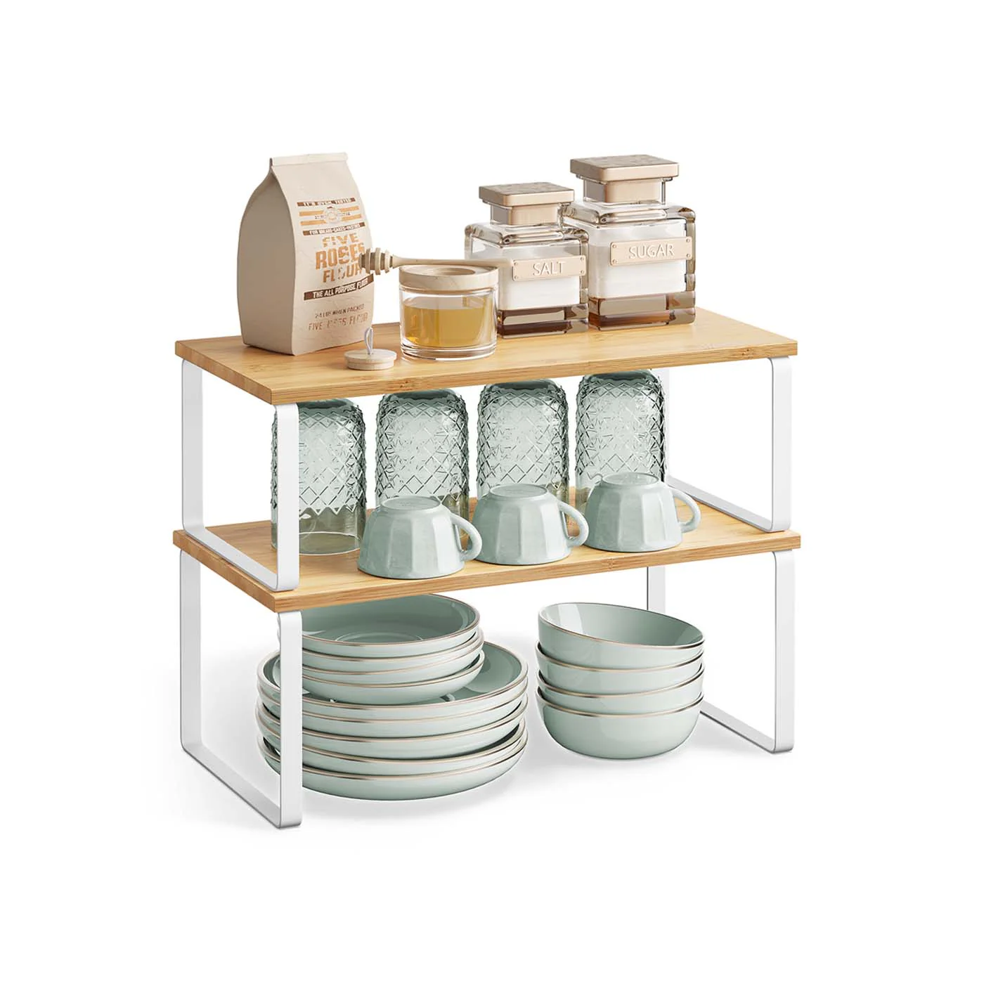 Set of 2 Stackable Kitchen Shelf Organisers, Engineered Wood - Image 2