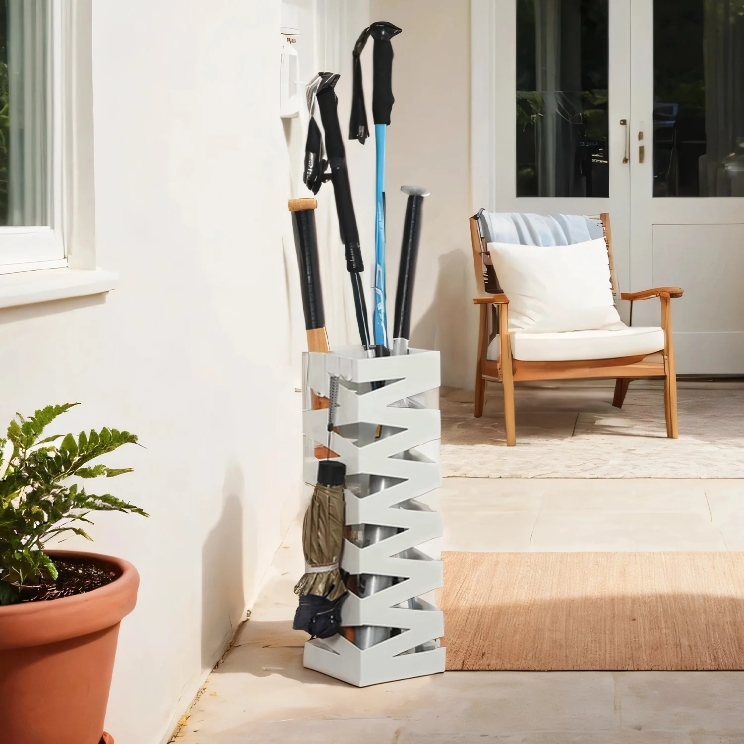 Square Umbrella Stand, Metal Umbrella Holder with 4 Hooks and Removable Water Tray