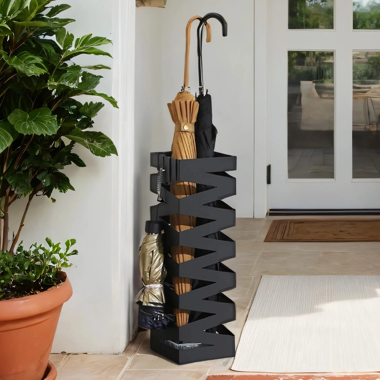 Square Umbrella Stand, Metal Umbrella Holder with 4 Hooks and Removable Water Tray - Image 2
