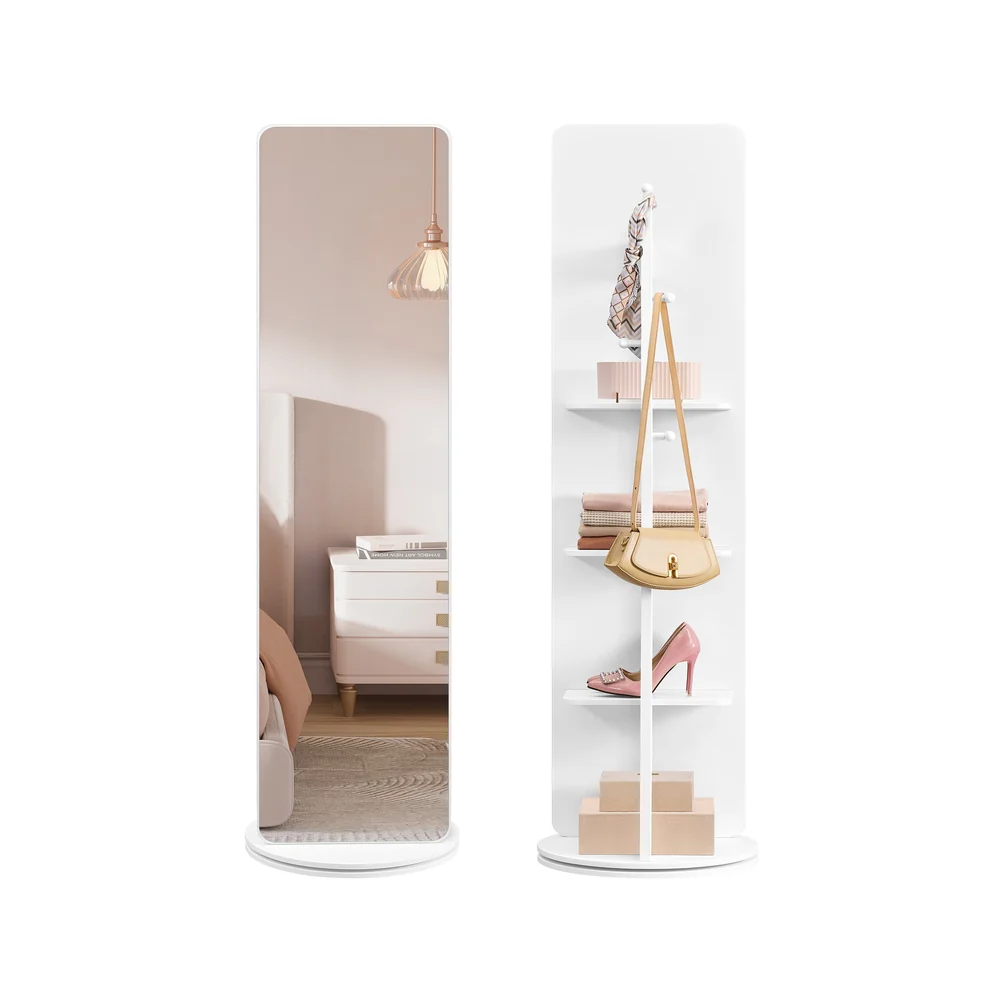 Standing Full Body Mirror with Base, Shelves, and Hooks